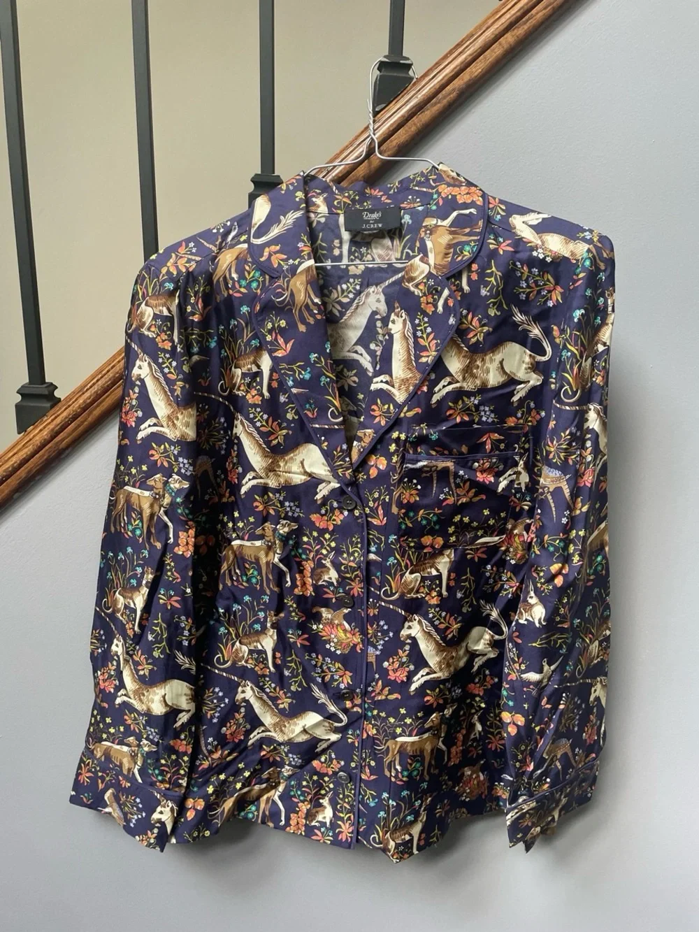 J. Crew Navy Floral & Horse Print Silk Top